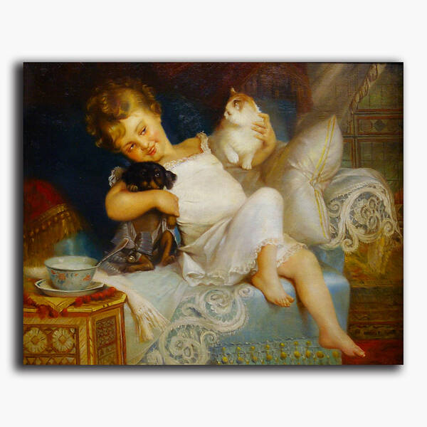 AN-10-90 Original oil painting - Child with pets