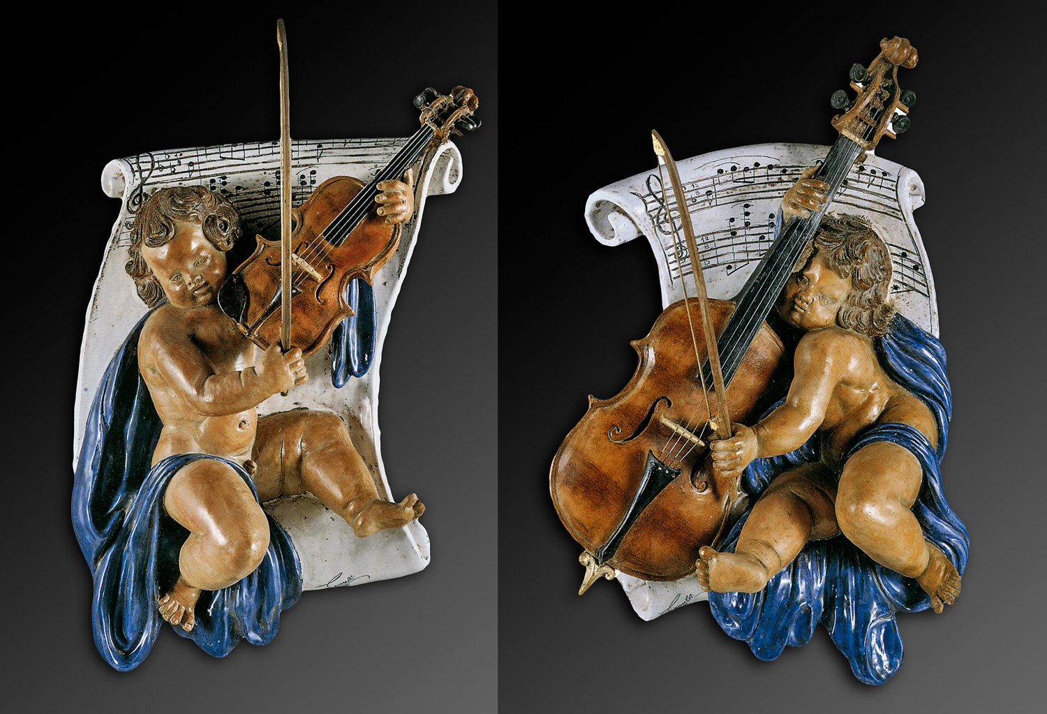 CEC-583-A Pair of Cherub Violinist Terracotta Plaques - Image 1