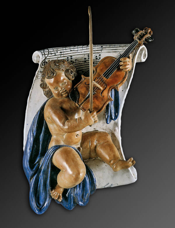 CEC-583-A Pair of Cherub Violinist Terracotta Plaques